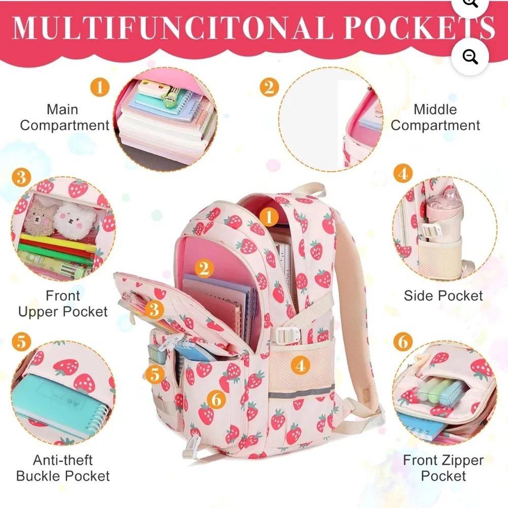 Strawberry print 3-in-1 School Backpack Set, Waterproof Bookbag